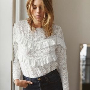 Sezane Ninon Cream Lace Blouse Top Ruffles Sz 38